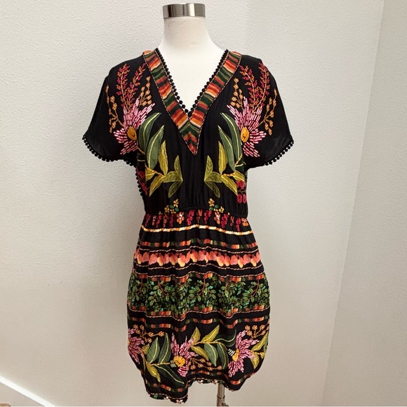 Farm Rio Swim Coverup Tunic Dress Floral Print Botanical Yellow Black Size Small - Picture 2 of 12